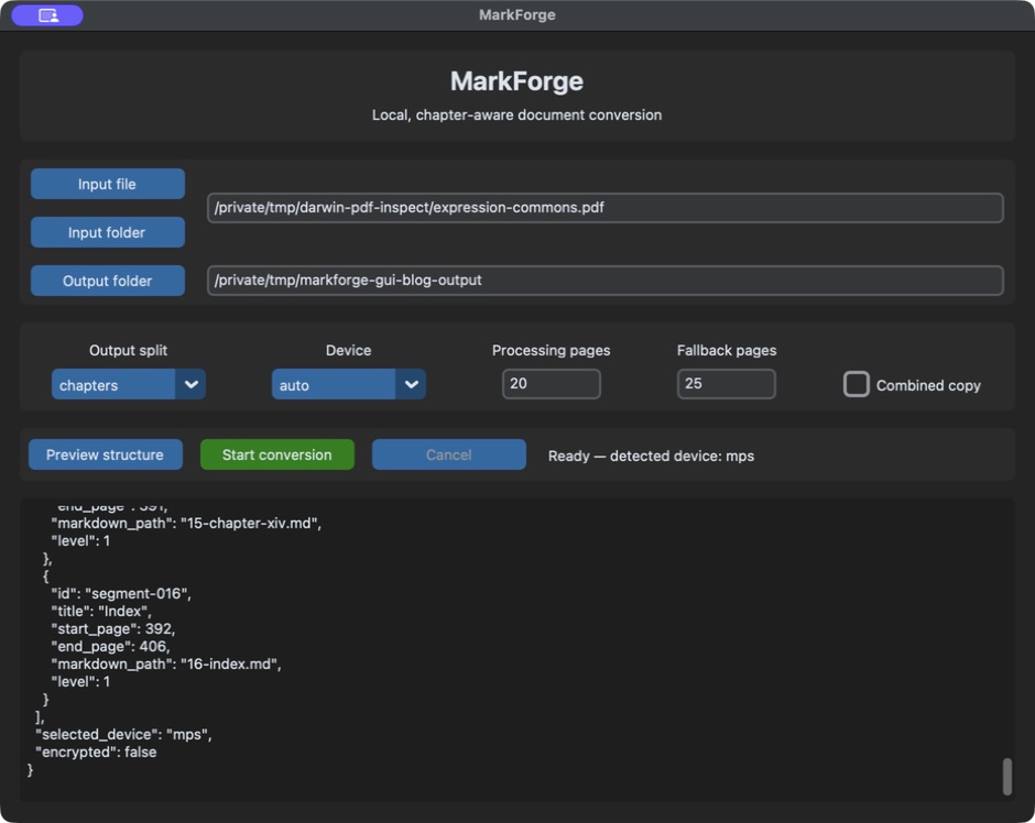 MarkForge desktop interface displaying a structure preview for the complete Darwin Expression PDF, including Chapter XIV, the index, page ranges, filenames, and selected MPS device