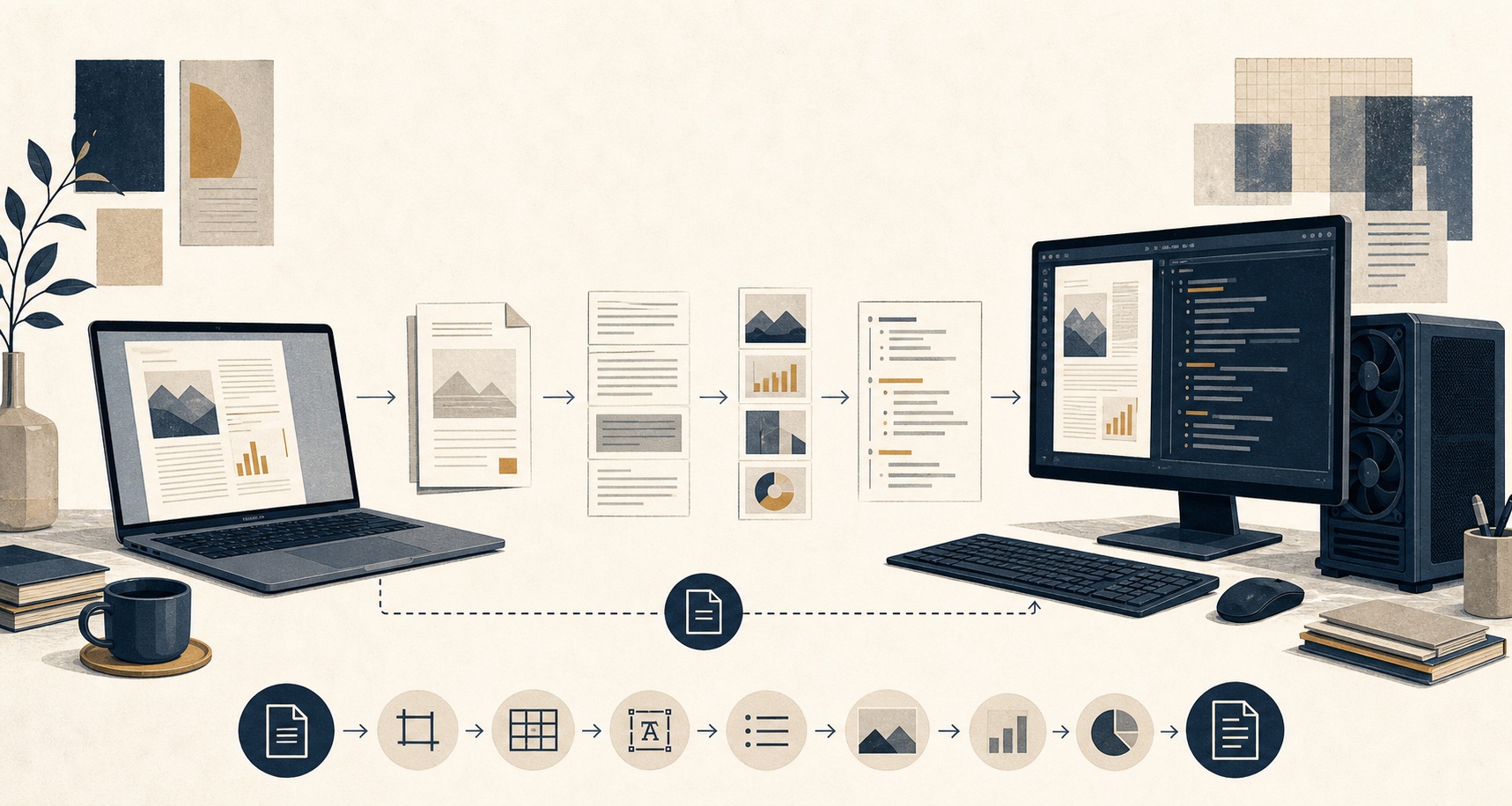 Editorial illustration of a local document pipeline operating across a portable laptop and a GPU workstation